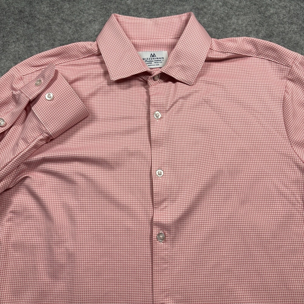 Mizzen + Main Shirt Mens XL Pink Gingham Trim Fit Performance Long Sleeve